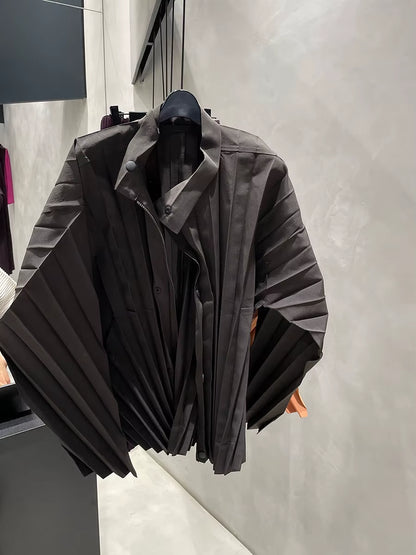 Miyake Pleated Men'S Clothes Designer Style Zipper Button Pleated Stand Collar Jacket