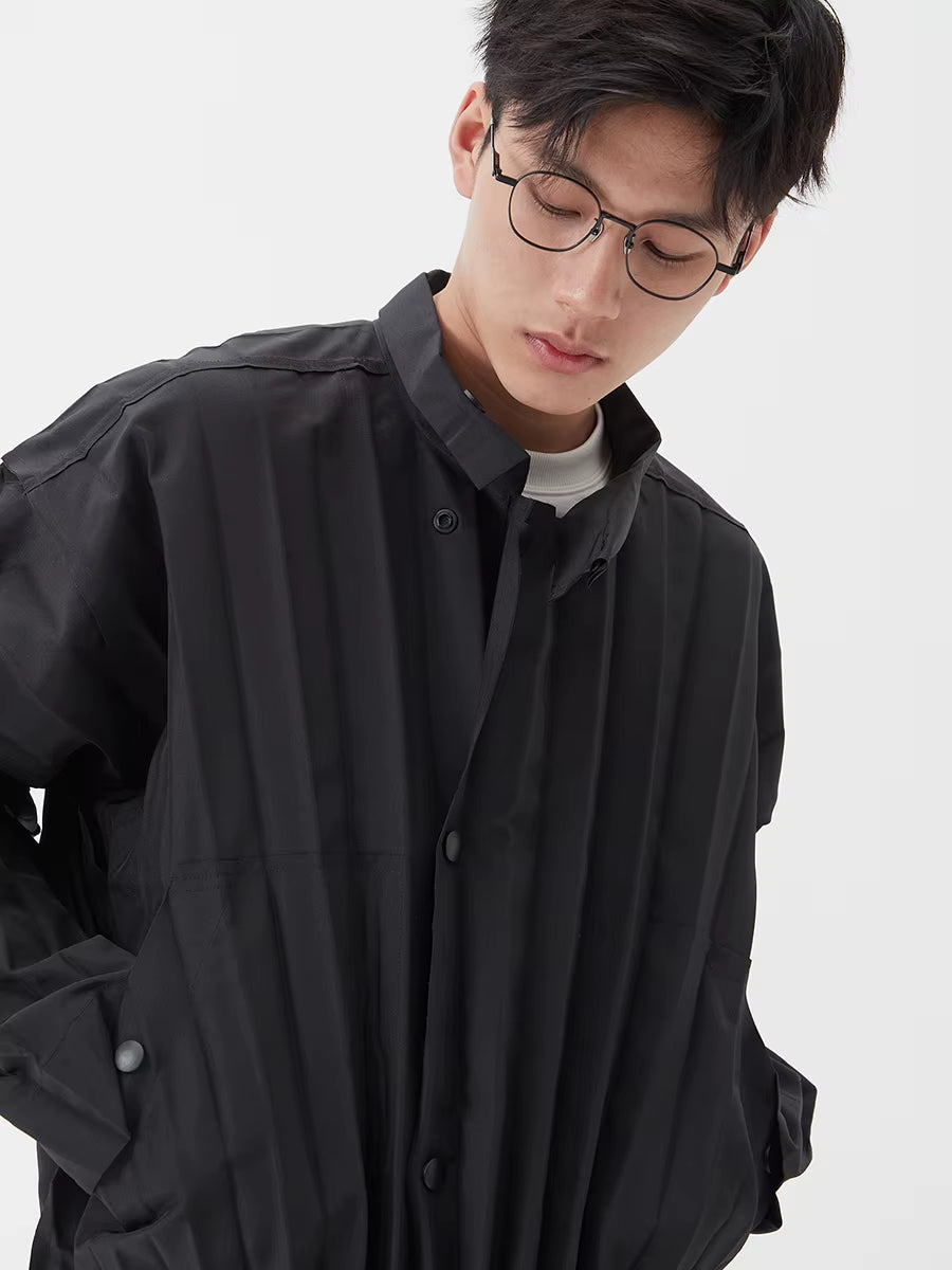 Miyake Pleated Men'S Clothes Designer Style Zipper Button Pleated Stand Collar Jacket