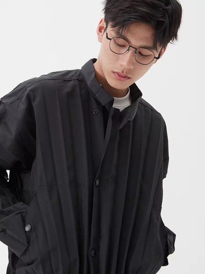 Miyake Pleated Men'S Clothes Designer Style Zipper Button Pleated Stand Collar Jacket