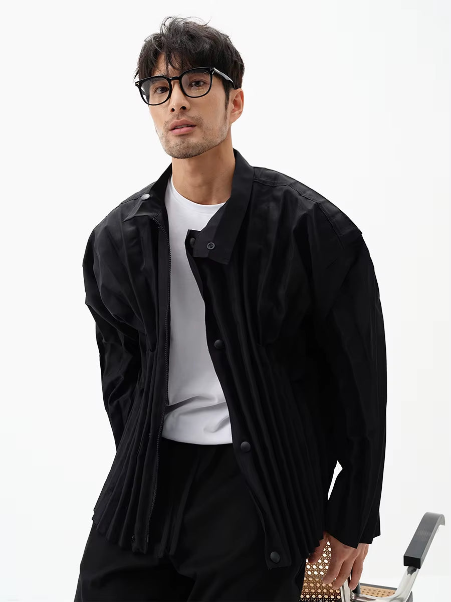 Miyake Pleated Men'S Clothes Designer Style Zipper Button Pleated Stand Collar Jacket