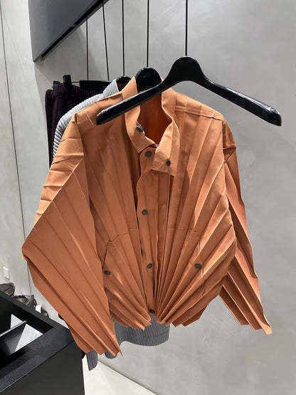 Miyake Pleated Men'S Clothes Designer Style Zipper Button Pleated Stand Collar Jacket