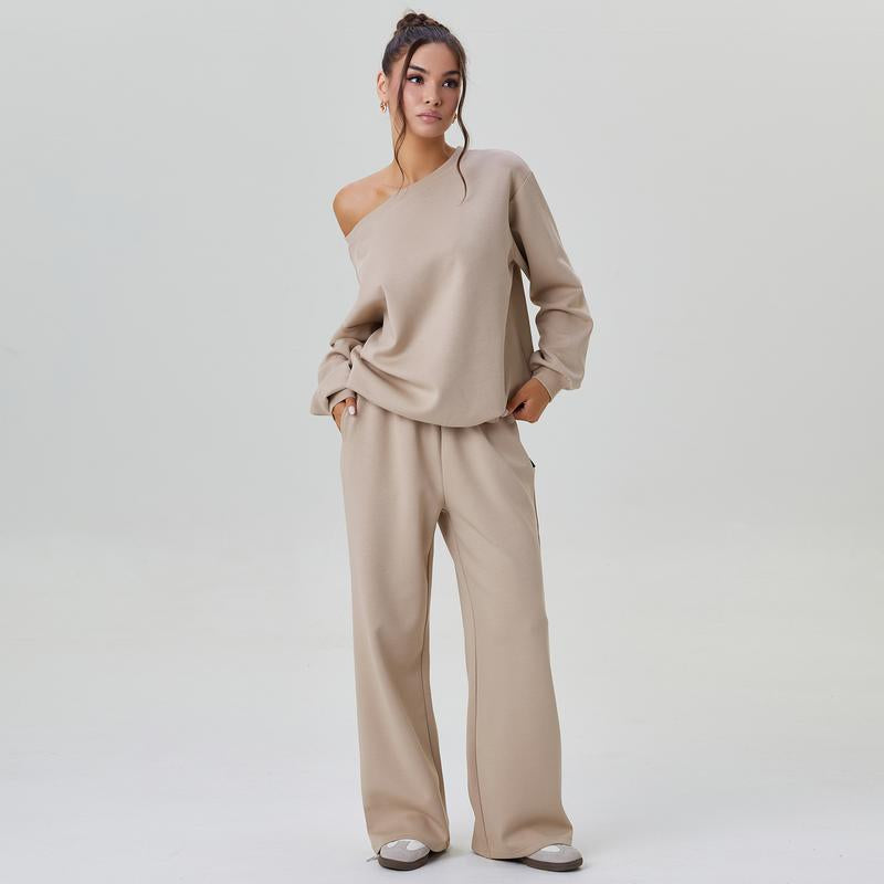 Katchme Women'S Leisure Solid Color Sloping Shoulder Long Sleeve Top & Wide Leg Trousers Co-Ord, Cozy Scoop Neck Loose Two Piece Outfits, Basic Womenswear