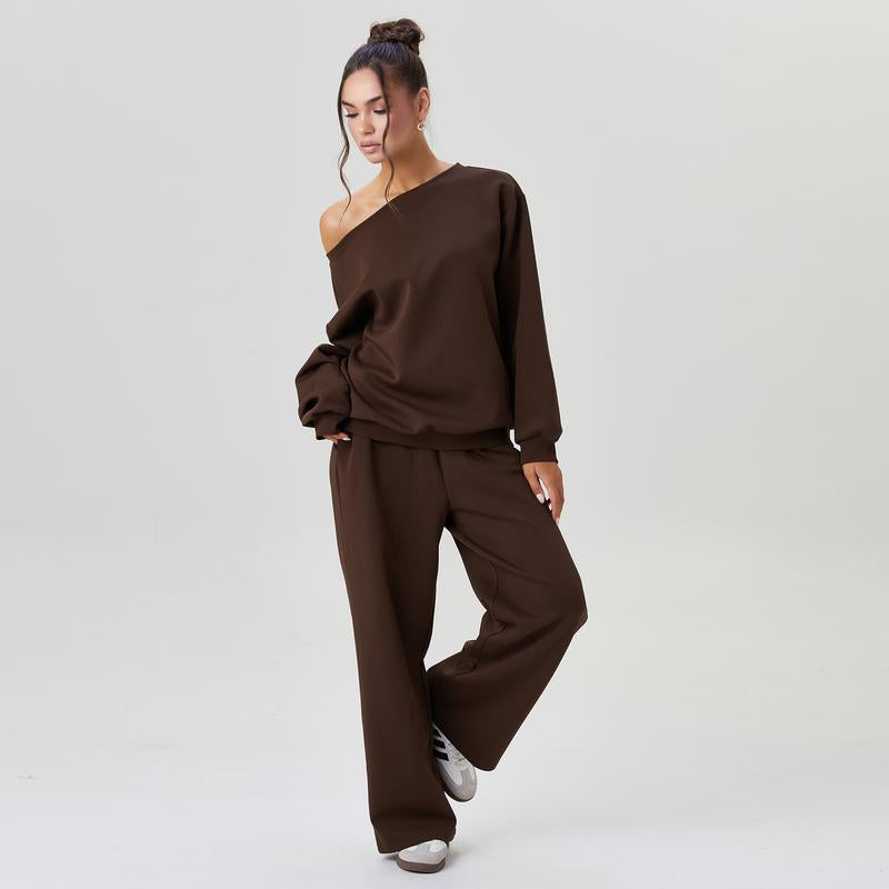Katchme Women'S Leisure Solid Color Sloping Shoulder Long Sleeve Top & Wide Leg Trousers Co-Ord, Cozy Scoop Neck Loose Two Piece Outfits, Basic Womenswear