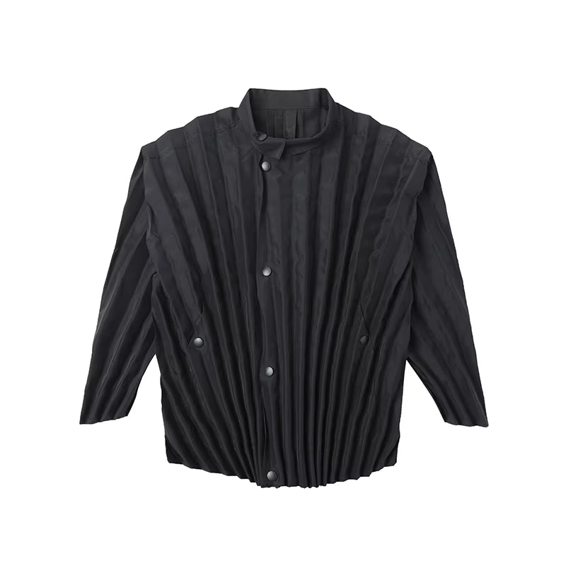 Miyake Pleated Men'S Clothes Designer Style Zipper Button Pleated Stand Collar Jacket