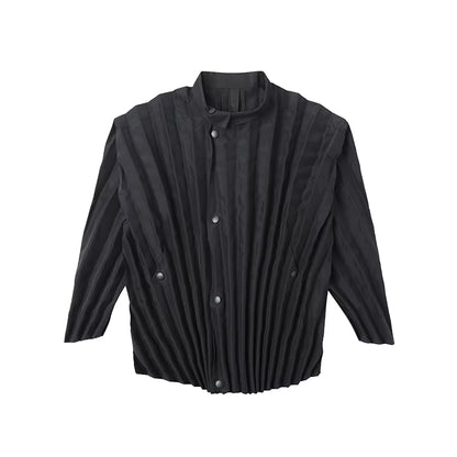 Miyake Pleated Men'S Clothes Designer Style Zipper Button Pleated Stand Collar Jacket