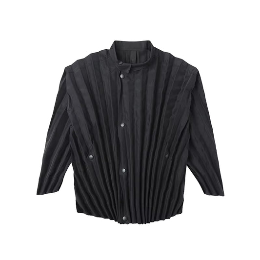 Miyake Pleated Men'S Clothes Designer Style Zipper Button Pleated Stand Collar Jacket
