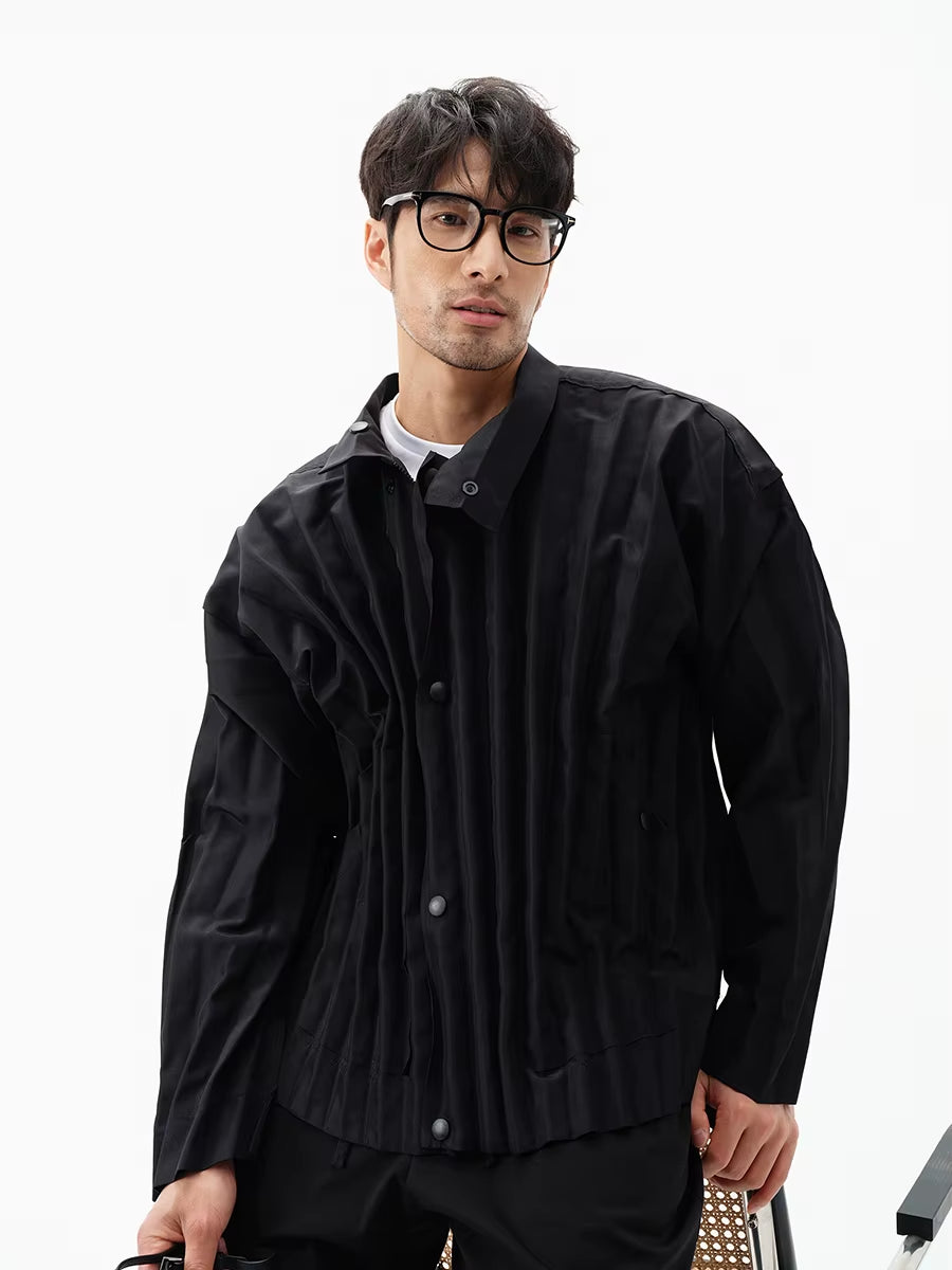 Miyake Pleated Men'S Clothes Designer Style Zipper Button Pleated Stand Collar Jacket
