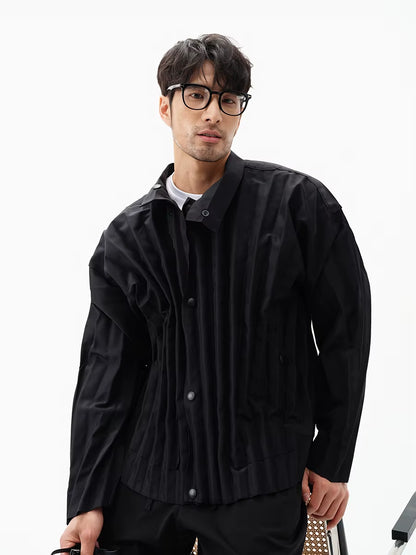 Miyake Pleated Men'S Clothes Designer Style Zipper Button Pleated Stand Collar Jacket